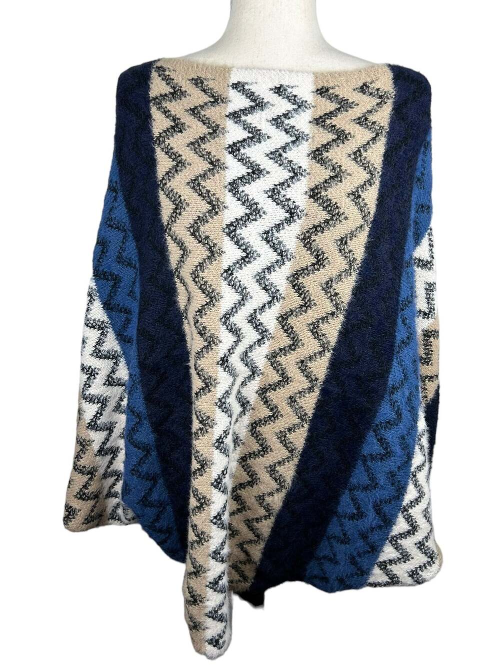 NEW On Blue Dolman Sleeve Mixed Print Blue Tan Boat Neck Sweater Size L